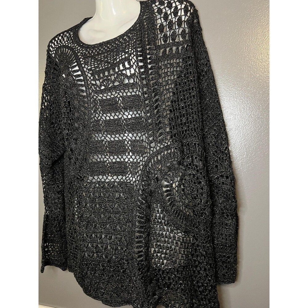 Arlene Sweater Womens Medium Large Black Crochet Knit Sheer Metallic Boho - Picture 3 of 7